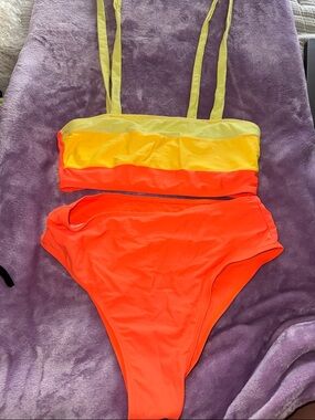 GNeon Orange & Yellow Two-Piece Swim Set